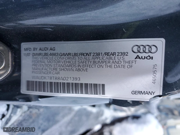 2008 Audi A5 with VIN WAUDK78T88A021393, listed as a Copart auction lot 42056415 with 143,754 mi miles and Salvage Title. Bid and sale history available at carsss.com. Image 14.