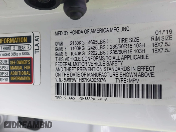2019 Honda CR-V EX with VIN 5J6RW1H57KA005876, listed as a IAAI auction lot 41591854 with 110,960 mi miles. Bid and sale history available at carsss.com. Image 9.