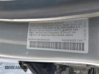 2003 Volkswagen Passat GLX z VIN WVWYH63BX3E462424, wystawiony jako IAAI lot #42471156 z przebiegiem 255 822 mil mil oraz . Historia ofert i sprzedaży dostępna na DreamBid. Obrazek 9.
