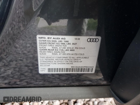 2023 Audi e-tron Premium with VIN WA1AAAGE3PB023323, listed as a Copart auction lot 69809524 with 31,564 mi miles and Salvage Title. Bid and sale history available at DreamBid. Image 14.