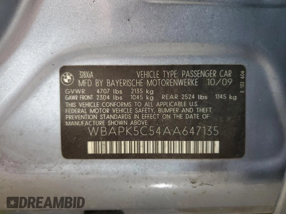 2010 BMW 3 Series 328i xDrive with VIN WBAPK5C54AA647135, listed as a Copart auction lot 45022455 with 87,685 mi miles and Salvage title. Bid and sale history available at DreamBid. Image 12.