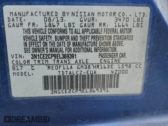 2014 Nissan Note S Plus with VIN 3N1CE2CP9EL369391, listed as a Copart auction lot 50994875 with 144,155 mi miles and Salvage Title. Bid and sale history available at DreamBid. Image 13.