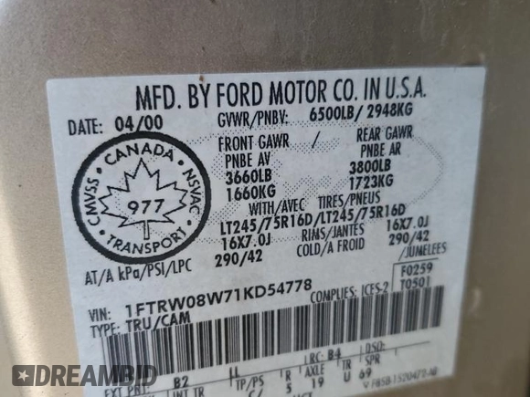 2001 Ford F-150 XLT with VIN 1FTRW08W71KD54778, listed as a Copart auction lot 44653415 with Not provided miles and Salvage title. Bid and sale history available at DreamBid. Image 14.