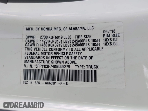 2019 Honda Ridgeline RTL-E with VIN 5FPYK3F74KB009279, listed as a IAAI auction lot 42348773 with 98,141 mi miles and . Bid and sale history available at DreamBid. Image 9.