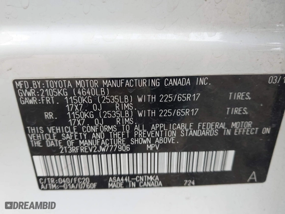 2018 Toyota RAV4 XLE with VIN 2T3RFREV2JW777906, listed as a IAAI auction lot 41164038 with 89,049 mi miles. Bid and sale history available at carsss.com. Image 9.