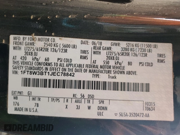 2018 Ford F-350 XL с VIN 1FT8W3BT1JEC78842, выставлен на аукционе Copart как лот 53644115 с пробегом 82 546 миль миль и Списание • Salvage title. История ставок и продаж доступна на DreamBid. Изображение 12.