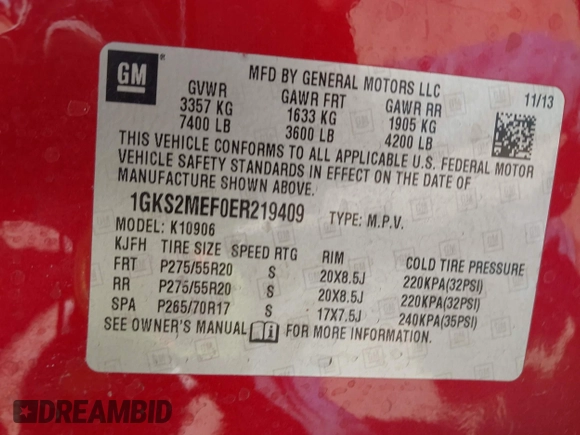 2014 GMC Yukon XL Denali with VIN 1GKS2MEF0ER219409, listed as a IAAI auction lot 41652010 with 184,171 mi miles. Bid and sale history available at carsss.com. Image 9.