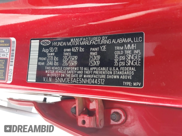 2022 Hyundai Tucson Limited with VIN 5NMJE3AE5NH044312, listed as a IAAI auction lot 42274784 with 80,582 mi miles and . Bid and sale history available at DreamBid. Image 9.