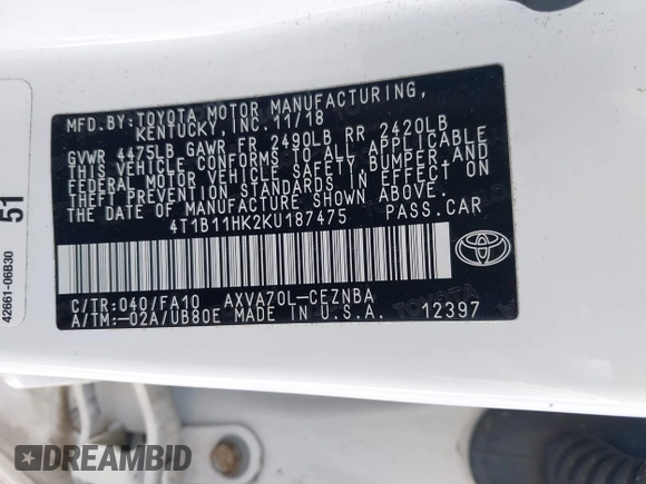 2019 Toyota Camry LE with VIN 4T1B11HK2KU187475, listed as a IAAI auction lot 42192293 with 44,413 mi miles and . Bid and sale history available at DreamBid. Image 9.