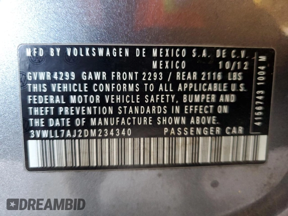 2013 Volkswagen Jetta TDI w/Premium/Nav with VIN 3VWLL7AJ2DM234340, listed as a Copart auction lot 57340965 with 151,039 mi miles and Salvage title. Bid and sale history available at DreamBid. Image 12.