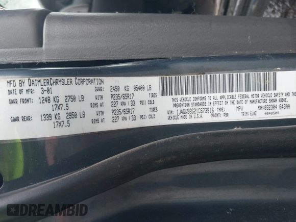 2001 Jeep Grand Cherokee Limited with VIN 1J4GW58S21C673916, listed as a IAAI auction lot 42127522 with Not Provided miles and . Bid and sale history available at DreamBid. Image 9.