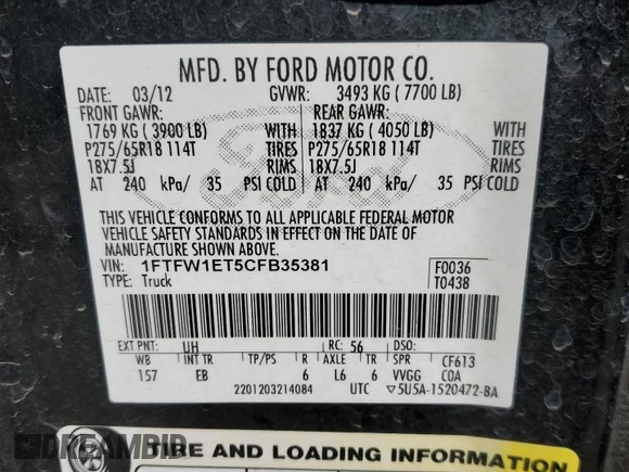 2012 Ford F-150 XL with VIN 1FTFW1ET5CFB35381, listed as a Copart auction lot 49146175 with 117,066 mi miles and Salvage Title. Bid and sale history available at carsss.com. Image 14.