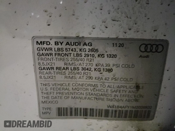 2021 Audi SQ5 Premium Plus with VIN WA1B4AFY1M2028832, listed as a Copart auction lot 78438603 with 28,321 mi miles and . Bid and sale history available at DreamBid. Image 13.