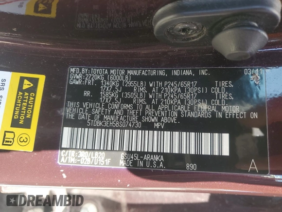 2011 Toyota Highlander z VIN 5TDBK3EH5BS074730, wystawiony jako Copart lot #56496965 z przebiegiem 133 214 mil mil oraz Czysty tytuł • Clean title. Historia ofert i sprzedaży dostępna na DreamBid. Obrazek 14.