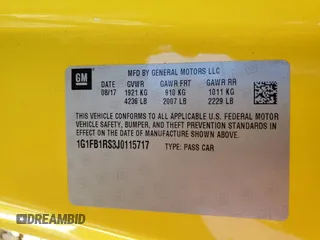 2018 Chevrolet Camaro 1LT with VIN 1G1FB1RS3J0115717, listed as a Copart auction lot 62285642 with 56,485 mi miles. Bid and sale history available at carsss.com. Image 10.