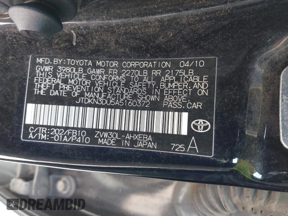 2010 Toyota Prius II with VIN JTDKN3DU5A5160372, listed as a IAAI auction lot 41901630 with 228,617 mi miles. Bid and sale history available at carsss.com. Image 9.