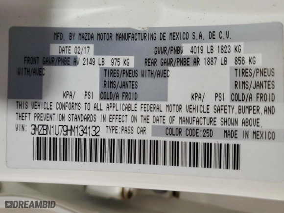 2017 Mazda Mazda3 4-Door Sport with VIN 3MZBN1U79HM134132, listed as a Copart auction lot 48533045 with 166,111 mi miles and Salvage Title. Bid and sale history available at carsss.com. Image 14.