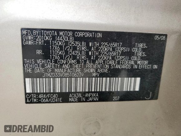 2008 Toyota RAV4 with VIN JTMZD33V085106239, listed as a Copart auction lot 43359713 with 195,440 mi miles and Non Repairable. Bid and sale history available at carsss.com. Image 12.