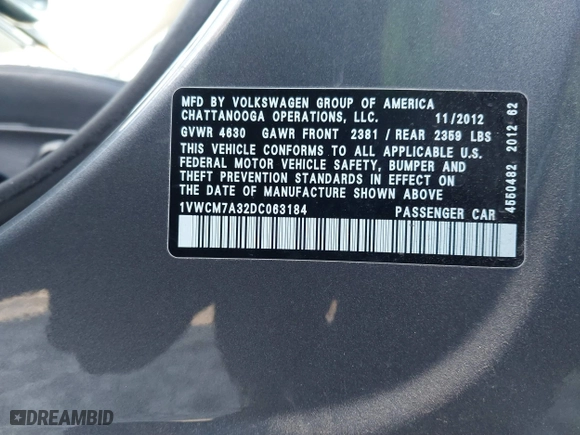 2013 Volkswagen Passat SEL Premium with VIN 1VWCM7A32DC063184, listed as a IAAI auction lot 41505096 with 121,482 mi miles. Bid and sale history available at carsss.com. Image 9.