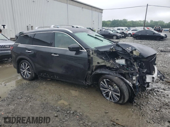 2025 Infiniti QX60 Sensory with VIN 5N1AL1GS7SC336153, listed as a Copart auction lot 57083985 with 5,692 mi miles and Salvage title. Bid and sale history available at DreamBid. Image 4.