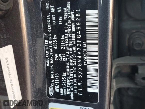 2015 Kia Optima LX with VIN 5XXGM4A72FG469281, listed as a Copart auction lot 83656144 with 129,491 mi miles and Salvage Title. Bid and sale history available at DreamBid. Image 12.