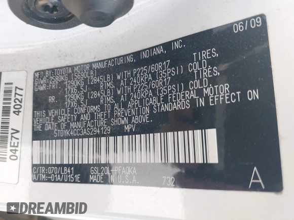 2010 Toyota Sienna XLE with VIN 5TDYK4CC3AS294129, listed as a IAAI auction lot 42510201 with 200,601 mi miles and . Bid and sale history available at DreamBid. Image 9.