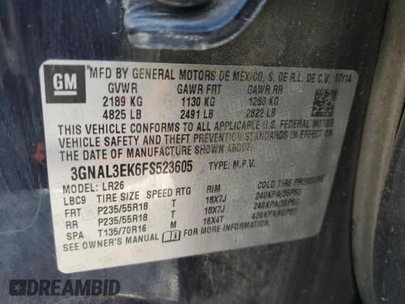 2015 Chevrolet Captiva Sport LT with VIN 3GNAL3EK6FS523605, listed as a Copart auction lot 65809374 with 96,978 mi miles and Salvage Title. Bid and sale history available at DreamBid. Image 12.
