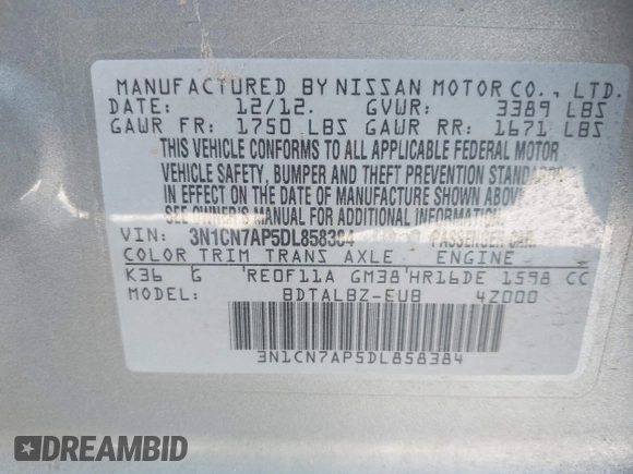 2013 Nissan Versa SV with VIN 3N1CN7AP5DL858384, listed as a IAAI auction lot 42543483 with 133,602 mi miles and . Bid and sale history available at DreamBid. Image 9.