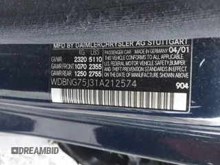 2001 Mercedes-Benz S-Class with VIN WDBNG75J31A212574, listed as a IAAI auction lot 41678906 with 109,716 mi miles. Bid and sale history available at carsss.com. Image 9.