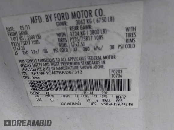 2011 Ford F-150 XL with VIN 1FTMF1CM7BKD67313, listed as a IAAI auction lot 41162578 with 181,771 mi miles. Bid and sale history available at carsss.com. Image 9.