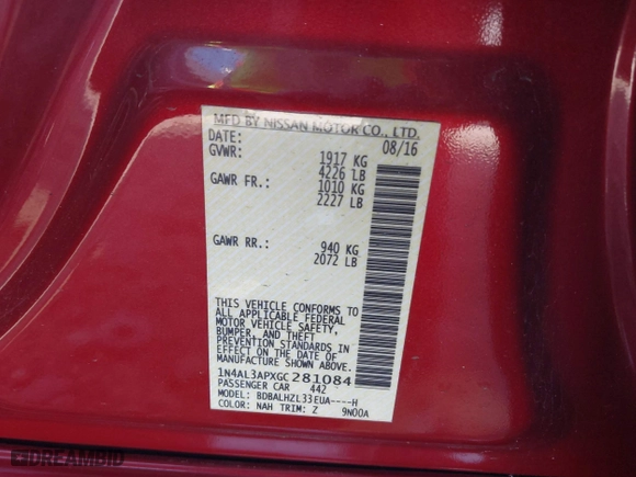 2016 Nissan Altima 2.5 SL with VIN 1N4AL3APXGC281084, listed as a IAAI auction lot 41528669 with 59,201 mi miles. Bid and sale history available at carsss.com. Image 9.