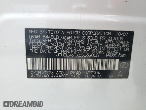 2008 Lexus LS 460 z VIN JTHBL46FX85062005, wystawiony jako Copart lot #60471515 z przebiegiem 154 692 mil mil oraz Nie do naprawy • Non repairable. Historia ofert i sprzedaży dostępna na DreamBid. Obrazek 12.