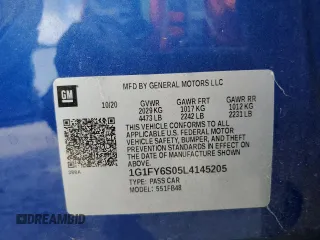 2020 Chevrolet Bolt EV LT with VIN 1G1FY6S05L4145205, listed as a Copart auction lot 58687672 with 20,742 mi miles. Bid and sale history available at carsss.com. Image 10.