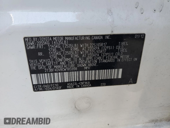 2012 Toyota RAV4 with VIN 2T3BF4DV8CW185998, listed as a Copart auction lot 51580775 with 0 mi miles and Salvage Title. Bid and sale history available at carsss.com. Image 12.