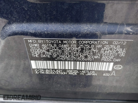 2012 Lexus IS 250 with VIN JTHCF5C27C5056951, listed as a IAAI auction lot 41814618 with 240,211 mi miles and . Bid and sale history available at DreamBid. Image 9.