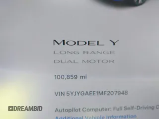 2021 Tesla Model Y Long Range with VIN 5YJYGAEE1MF207948, listed as a IAAI auction lot 41779570 with 100,859 mi miles. Bid and sale history available at carsss.com. Image 7.