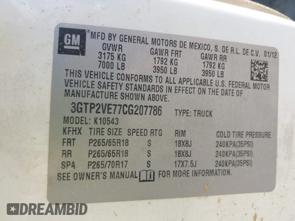 2012 GMC Sierra 1500 SLE with VIN 3GTP2VE77CG207786, listed as a IAAI auction lot 41865391 with 157,780 mi miles and . Bid and sale history available at DreamBid. Image 9.