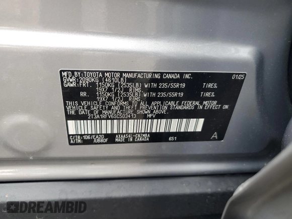 2025 Toyota RAV4 XLE Premium with VIN 2T3A1RFV6SC503413, listed as a Copart auction lot 62786075 with 831 mi miles and Salvage title. Bid and sale history available at DreamBid. Image 13.