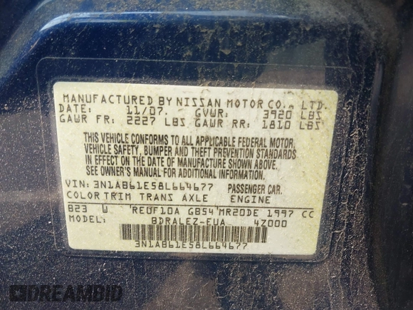 2008 Nissan Sentra 2.0 with VIN 3N1AB61E58L664677, listed as a IAAI auction lot 42437761 with 165,894 mi miles and . Bid and sale history available at DreamBid. Image 9.
