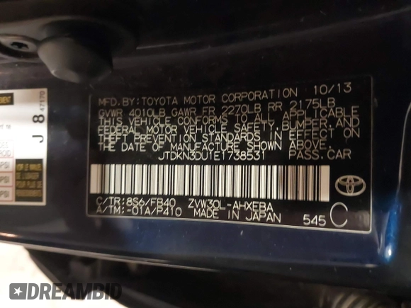 2014 Toyota Prius Four z VIN JTDKN3DU1E1738531, wystawiony jako IAAI lot #40945456 z przebiegiem 152 210 mil mil oraz . Historia ofert i sprzedaży dostępna na DreamBid. Obrazek 9.