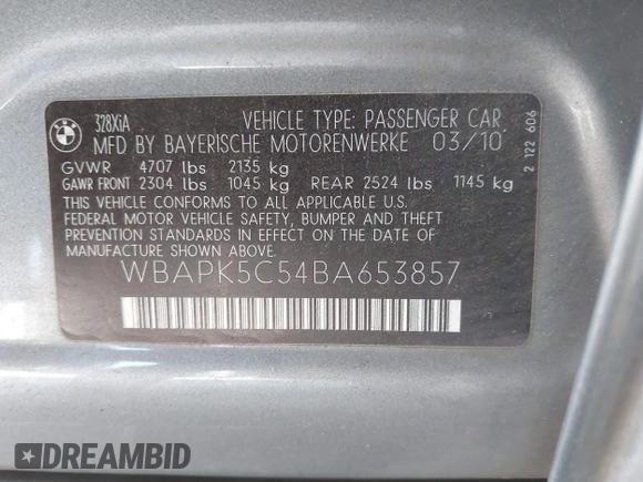 2011 BMW 3 Series 328i xDrive with VIN WBAPK5C54BA653857, listed as a IAAI auction lot 42227242 with 204,817 mi miles and . Bid and sale history available at DreamBid. Image 9.