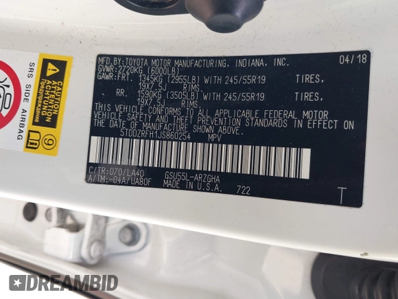 2018 Toyota Highlander Limited with VIN 5TDDZRFH1JS860254, listed as a IAAI auction lot 42263546 with 55,822 mi miles and . Bid and sale history available at DreamBid. Image 9.