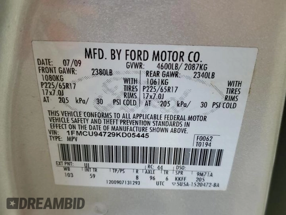 2009 Ford Escape Limited with VIN 1FMCU94729KD05445, listed as a Copart auction lot 87660645 with 149,523 mi miles and Salvage title. Bid and sale history available at DreamBid. Image 14.
