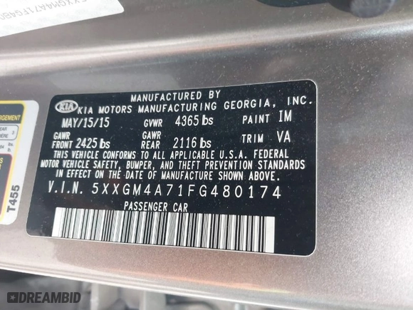 2015 Kia Optima LX with VIN 5XXGM4A71FG480174, listed as a IAAI auction lot 41851460 with 139,947 mi miles. Bid and sale history available at carsss.com. Image 9.