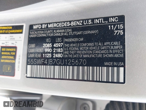 2016 Mercedes-Benz C 300 with VIN 55SWF4JB7GU125670, listed as a IAAI auction lot 42755648 with 101,791 mi miles and . Bid and sale history available at DreamBid. Image 9.