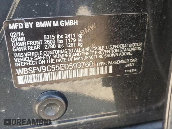 2014 BMW M5 z VIN WBSFV9C55ED593760, wystawiony jako Copart lot #49070765 z przebiegiem 128 365 mil mil oraz Tytuł czysty. Historia ofert i sprzedaży dostępna na DreamBid. Obrazek 12.