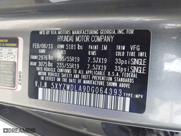 2013 Hyundai Santa Fe 2.0T Sport with VIN 5XYZWDLA9DG064393, listed as a IAAI auction lot 41601453 with 71,136 mi miles. Bid and sale history available at carsss.com. Image 9.