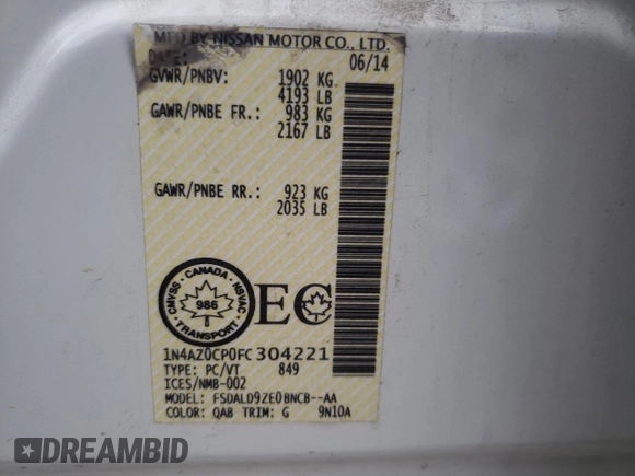 2015 Nissan LEAF SV with VIN 1N4AZ0CP0FC304221, listed as a Copart auction lot 65046292 with 128,625 mi miles. Bid and sale history available at carsss.com. Image 10.