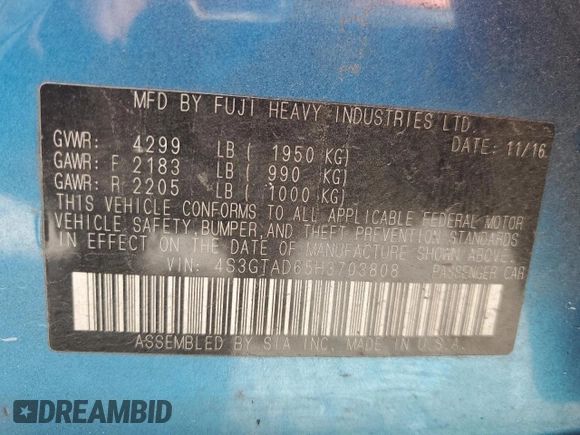 2017 Subaru Impreza Premium with VIN 4S3GTAD65H3703808, listed as a Copart auction lot 57396095 with 68,960 mi miles and Salvage title. Bid and sale history available at DreamBid. Image 13.