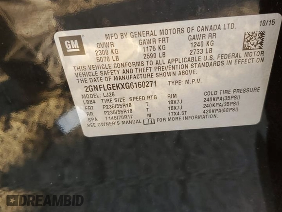 2016 Chevrolet Equinox LTZ with VIN 2GNFLGEKXG6160271, listed as a Copart auction lot 50046845 with 116,138 mi miles and Salvage Title. Bid and sale history available at carsss.com. Image 13.